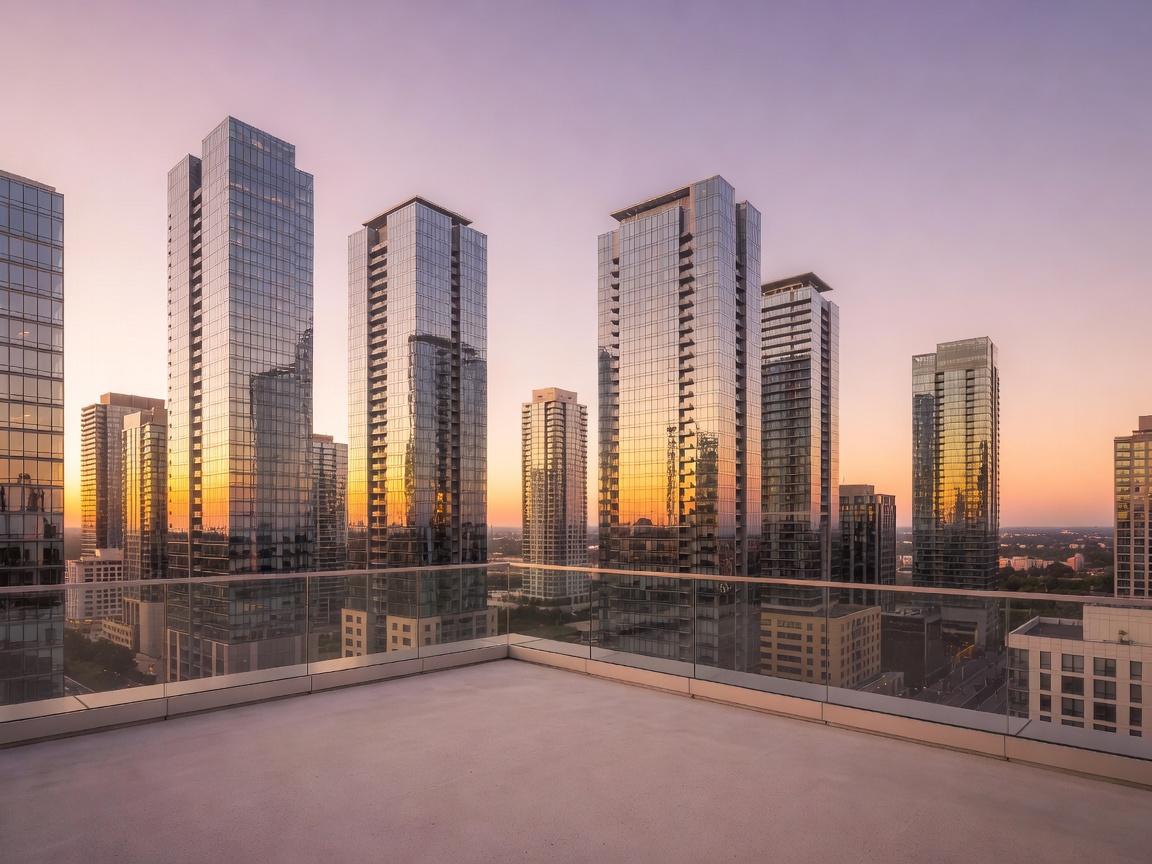 City skyline seen from an elevated terrace with soft dusk glow on glass facades