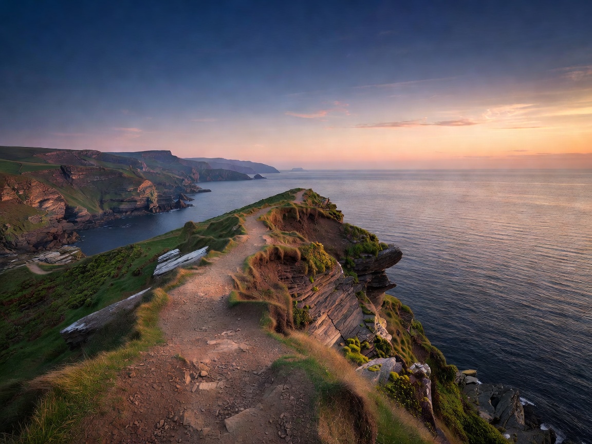 Clifftop path overlooking layered headlands and open sea at soft evening light