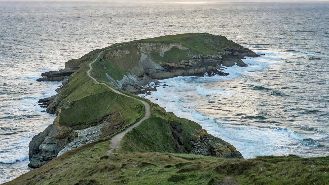 Curving coastal headland with grassy clifftop path and textured sea under diffused light