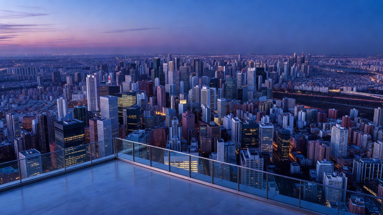 Elevated public terrace view across a dense city skyline at blue hour