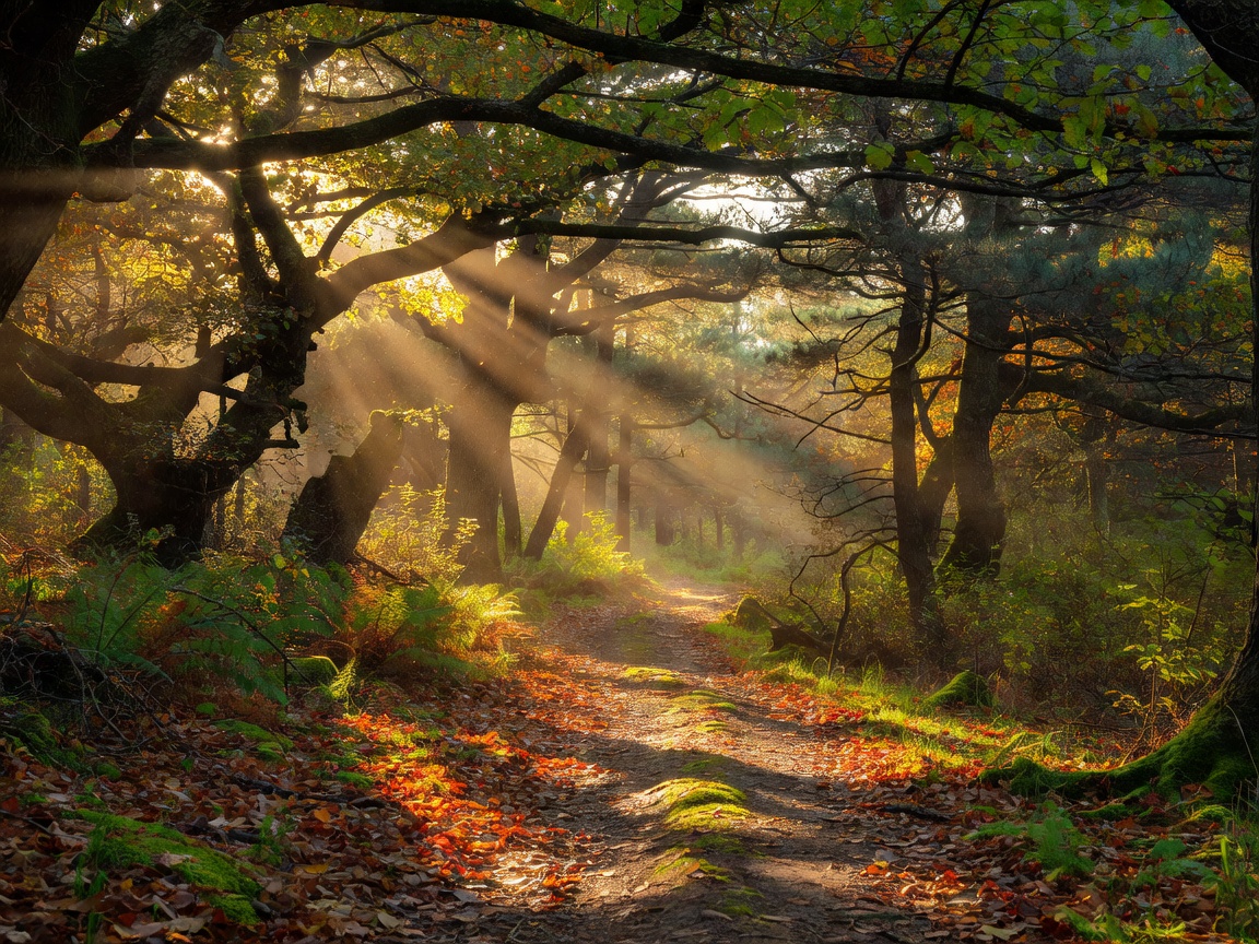 Sun shafts filtering through layered woodland canopy along a quiet trail