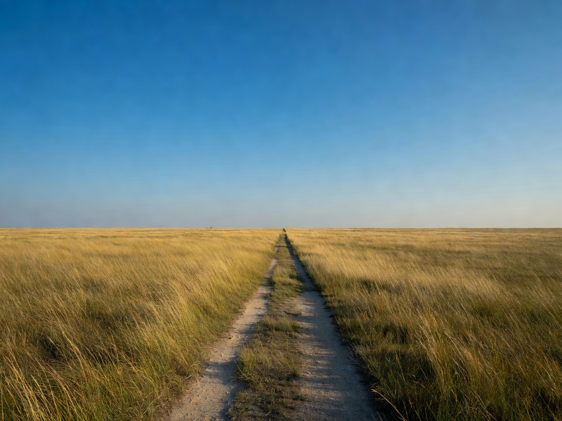 Wide open grassland under a broad sky with a single dirt track leading toward the horizon