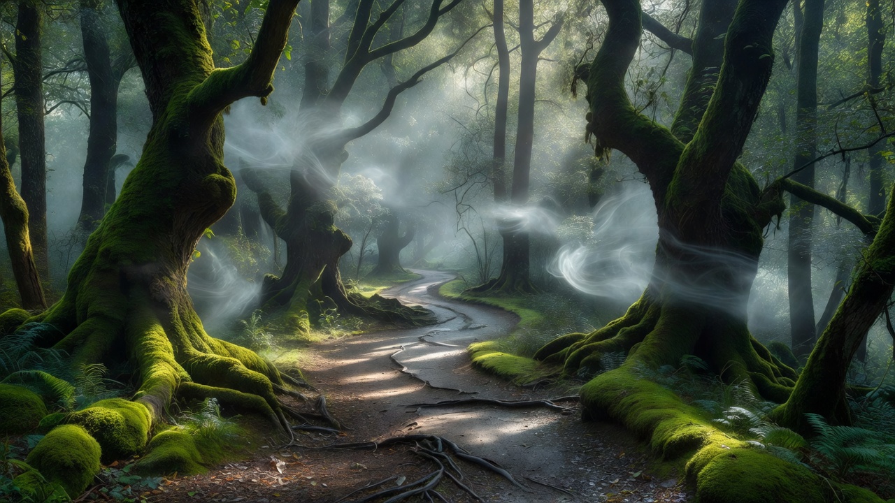 Winding woodland path with mossy trunks and soft mist between trees